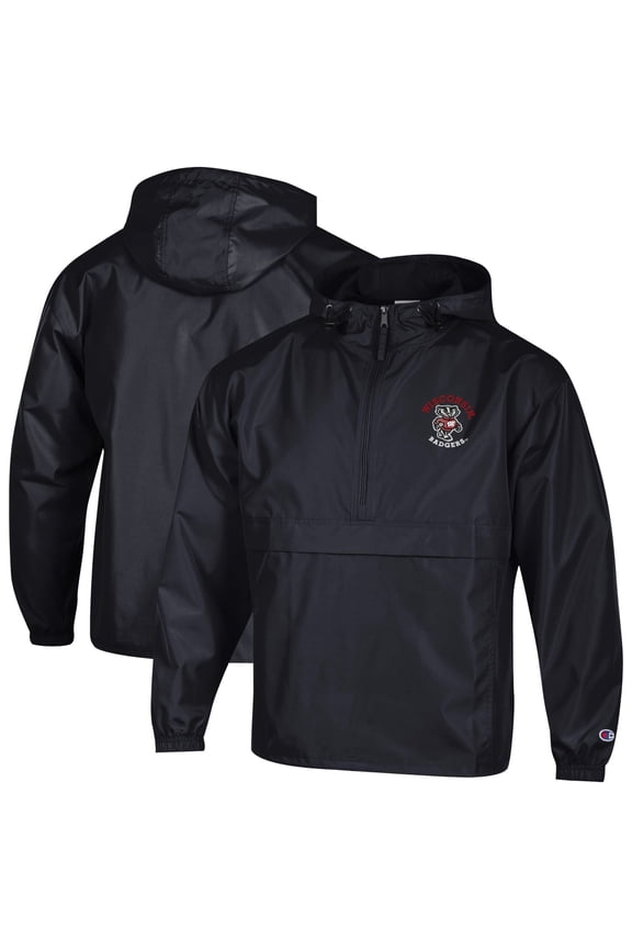 Men's Champion Black Wisconsin Badgers Packable Hooded Windbreaker Half-Zip Jacket