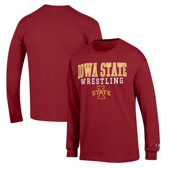 Men's Champion Cardinal Iowa State Cyclones Wrestling Stack Logo Long Sleeve T-Shirt