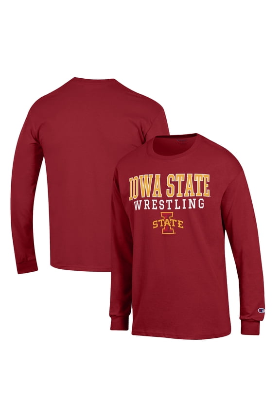 Men's Champion Cardinal Iowa State Cyclones Wrestling Stack Logo Long Sleeve T-Shirt