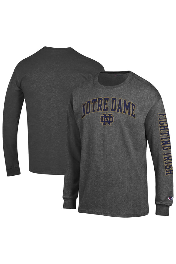 Men's Champion Charcoal Notre Dame Fighting Irish Arch Over Logo 2-Hit Long Sleeve T-Shirt