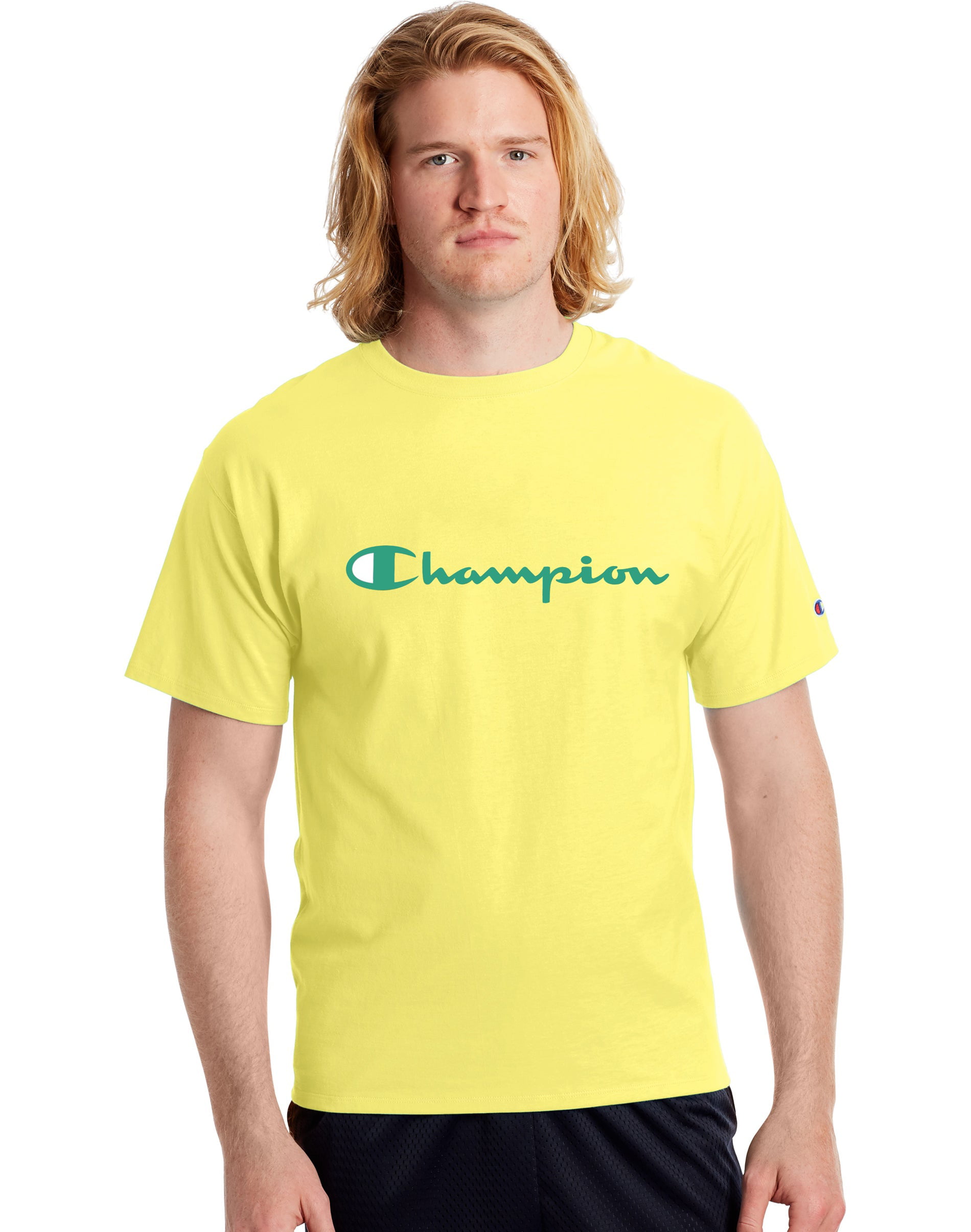 Men's Champion Classic Graphic Tee, Script Logo Citrus Pink XS