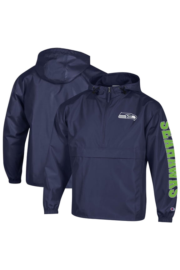 Men's Champion College Navy Seattle Seahawks Packable Hooded Windbreaker Half-Zip Jacket