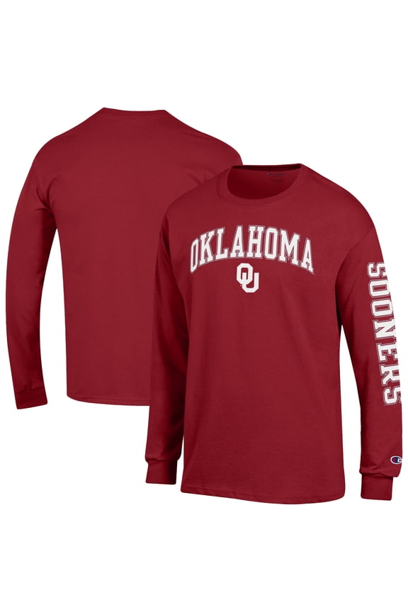 Men's Champion  Crimson Oklahoma Sooners Arch Over Logo 2-Hit Long Sleeve T-Shirt