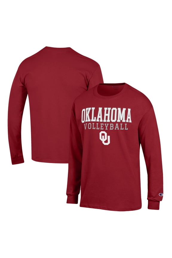 Men's Champion Crimson Oklahoma Sooners Stack Logo Volleyball Powerblend Long Sleeve T-Shirt