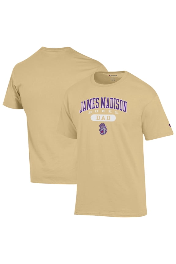 Men's Champion Gold James Madison Dukes Dad Pill Box Jersey T-Shirt