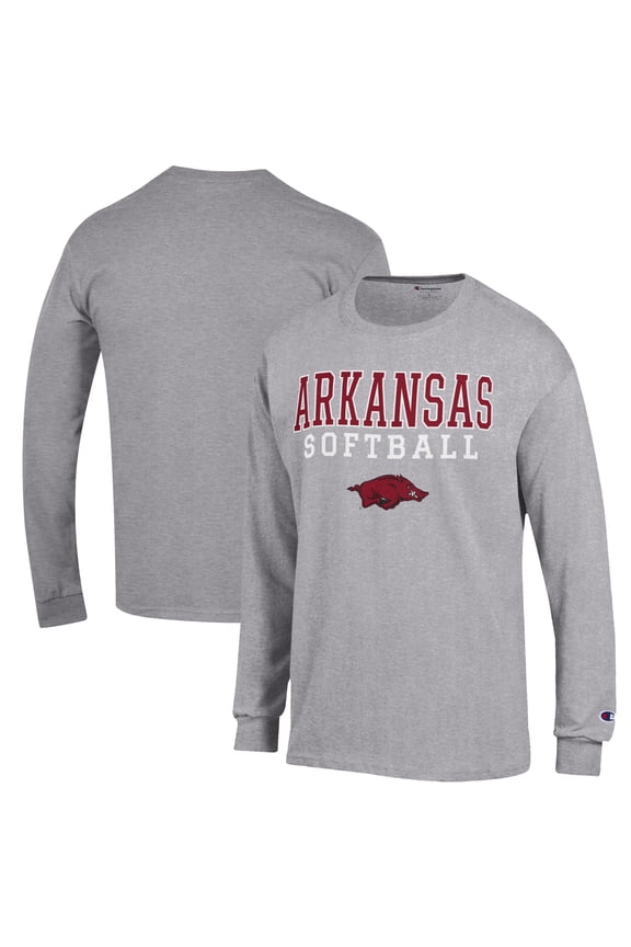 Men's Champion Gray Arkansas Razorbacks Softball Stack Long Sleeve T-Shirt