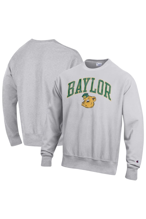 Men's Champion Gray Baylor Bears Distressed Arch Over Logo Reverse Weave Crew Neck Sweatshirt