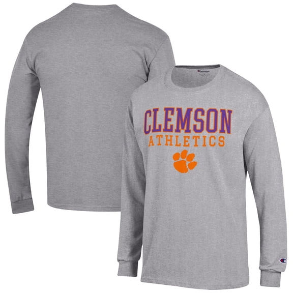 Men's Champion Gray Clemson Tigers Athletics Logo Stack Long Sleeve T-Shirt