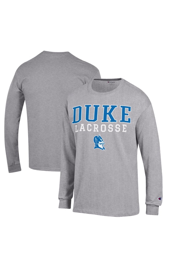 Men's Champion Gray Duke Blue Devils Stacked Logo Lacrosse Long Sleeve T-Shirt