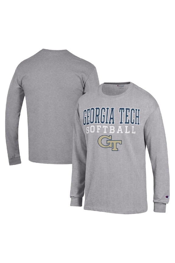 Men's Champion  Gray Georgia Tech Yellow Jackets Stack Logo Softball Powerblend Long Sleeve T-Shirt