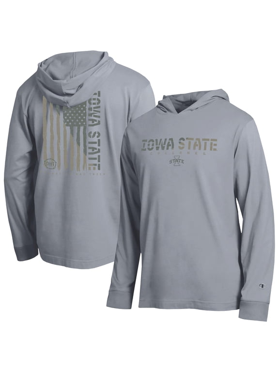 Men's Champion Heather Gray Iowa State Cyclones Operation Hat Trick Flag Hooded Long Sleeve T-Shirt
