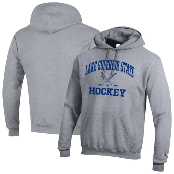 Men's Champion Gray Lake Superior State Lakers Hockey Icon Powerblend Pullover Hoodie