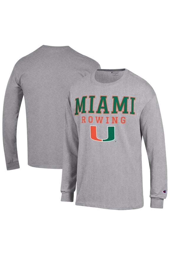 Men's Champion Gray Miami Hurricanes Stacked Logo Rowing Long Sleeve T-Shirt
