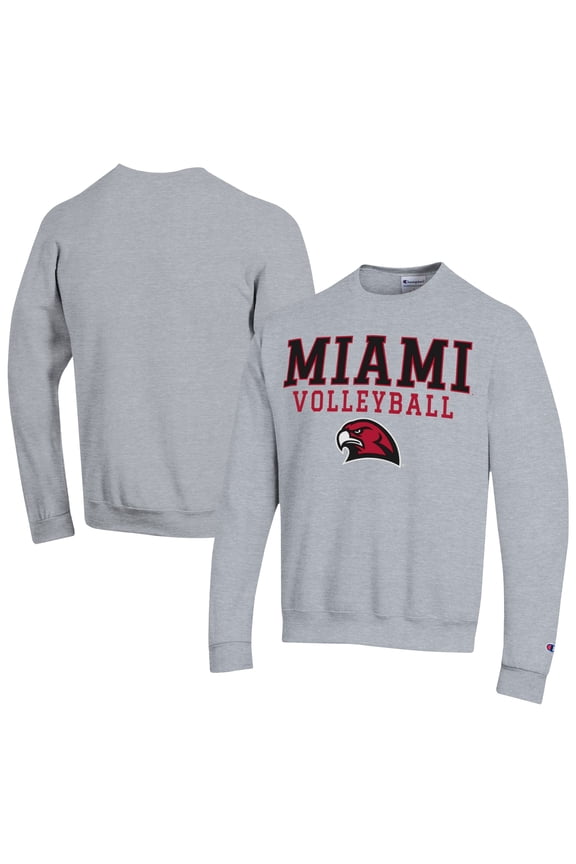 Men's Champion  Gray Miami University RedHawks Stacked Logo Volleyball Eco Powerblend Pullover Sweatshirt