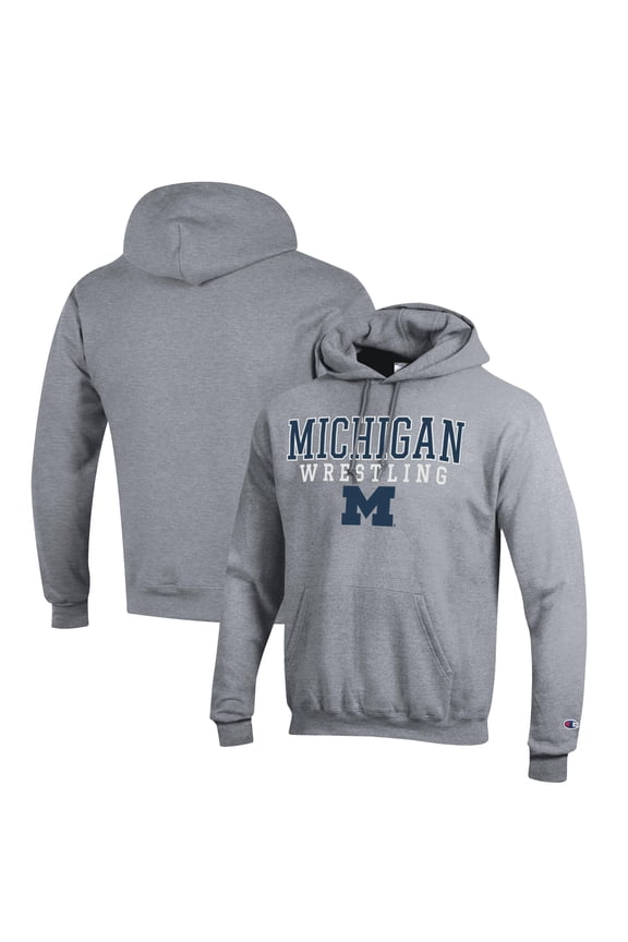 Men's Champion Gray Michigan Wolverines Wrestling Stack Logo Powerblend Pullover Hoodie