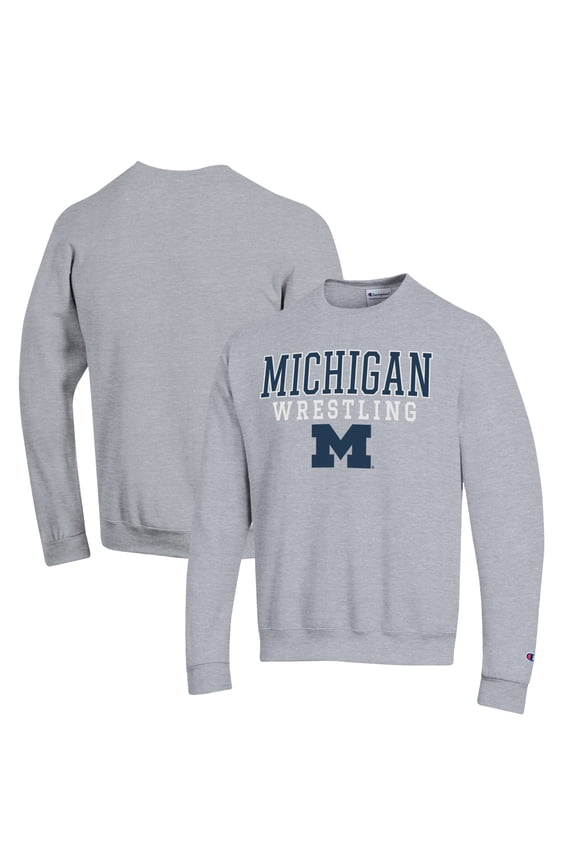 Men's Champion Gray Michigan Wolverines Wrestling Stack Powerblend Pullover Sweatshirt