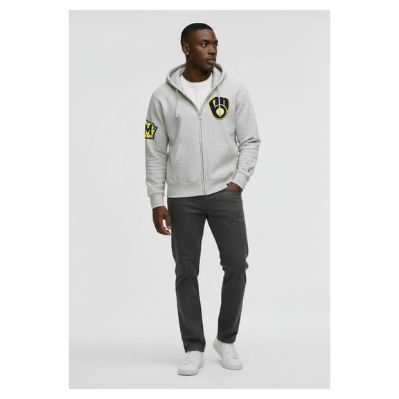 Men's Champion Gray Milwaukee Brewers Reverse Weave Chenille Full-Zip Hoodie
