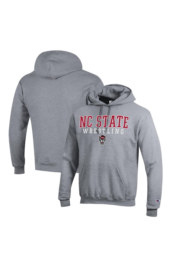Men's Champion Gray NC State Wolfpack Wrestling Stack Logo Powerblend Pullover Hoodie