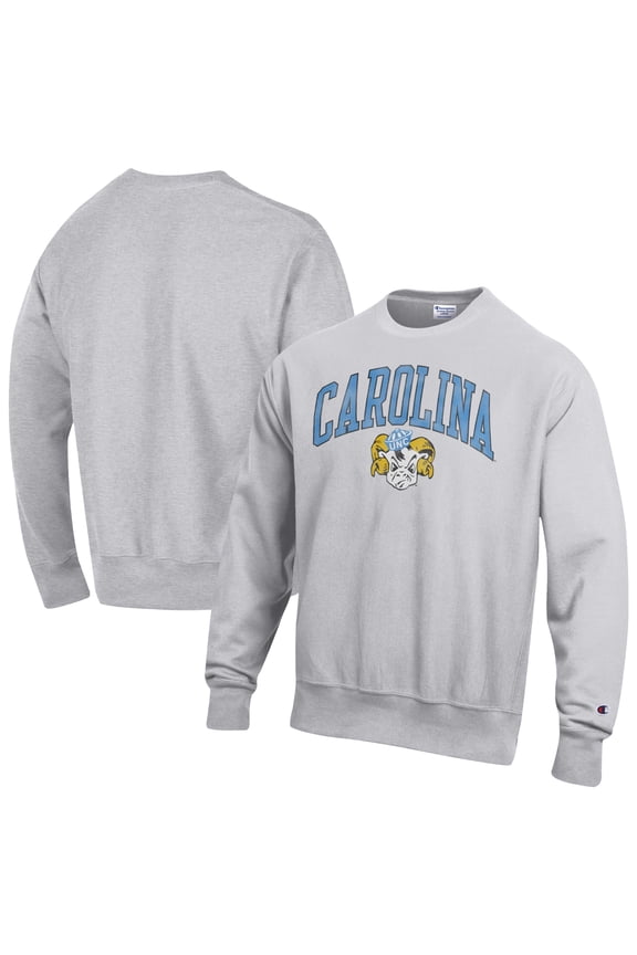 Men's Champion Gray North Carolina Tar Heels Distressed Arch Over Logo Reverse Weave Crew Neck Sweatshirt