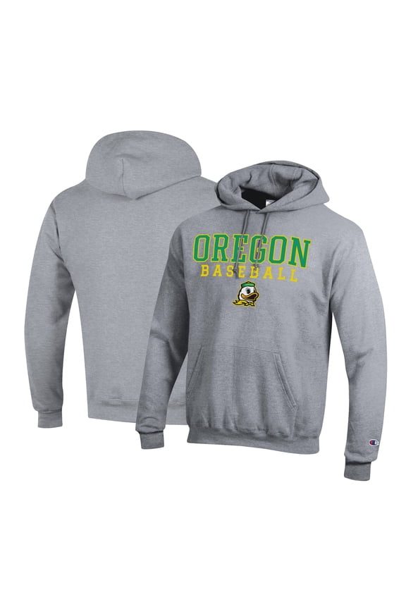 Men's Champion Gray Oregon Ducks Primary Team Logo Stack Logo Baseball Powerblend Pullover Hoodie