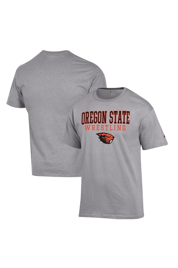 Men's Champion Gray Oregon State Beavers Wrestling Stack Logo T-Shirt