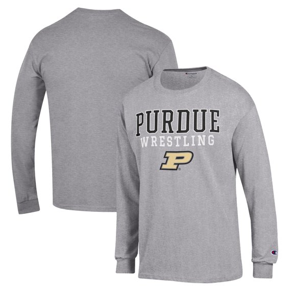 Men's Champion Gray Purdue Boilermakers Wrestling Stack Logo Long Sleeve T-Shirt