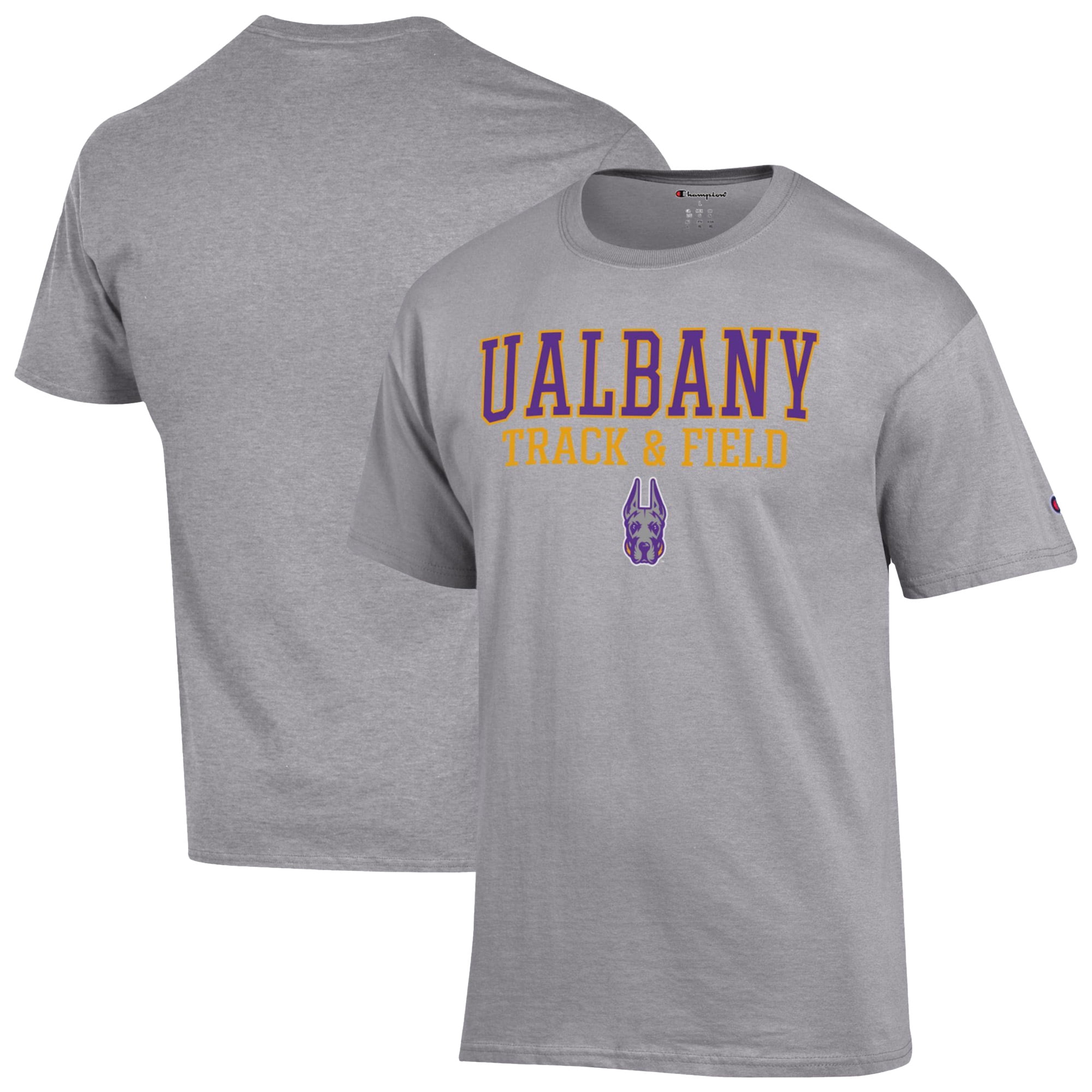 Men's Champion  Gray UAlbany Great Danes Stacked Track & Field T-Shirt