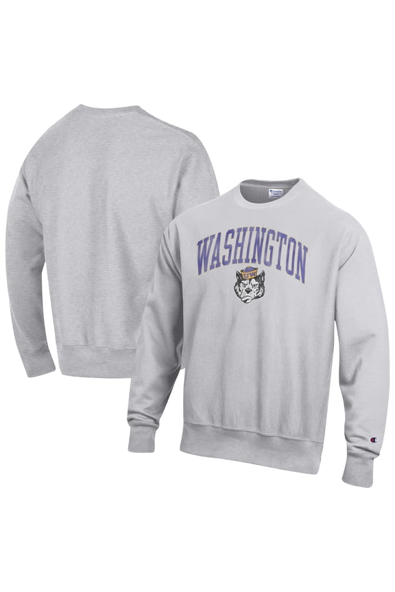 Men's Champion Gray Washington Huskies Distressed Arch Over Logo Reverse Weave Crew Neck Sweatshirt