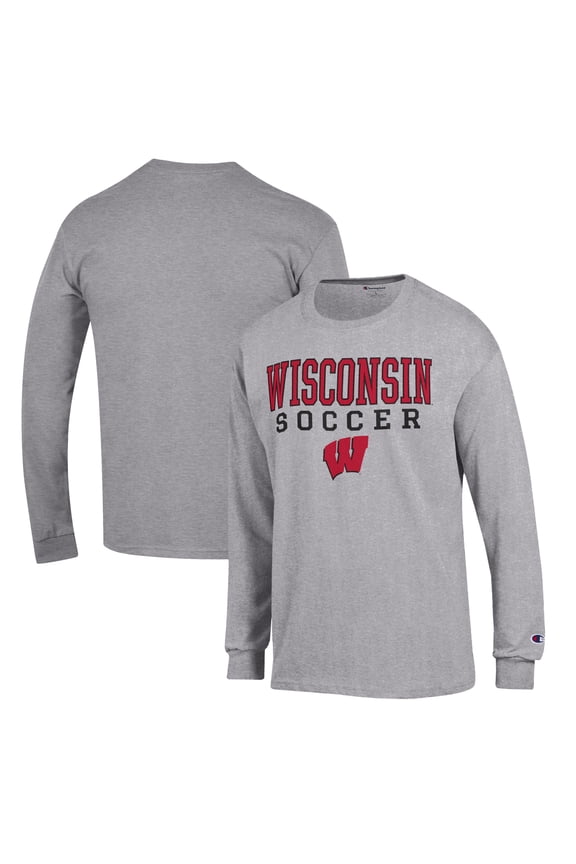 Men's Champion Gray Wisconsin Badgers Soccer Stack Logo Long Sleeve T-Shirt