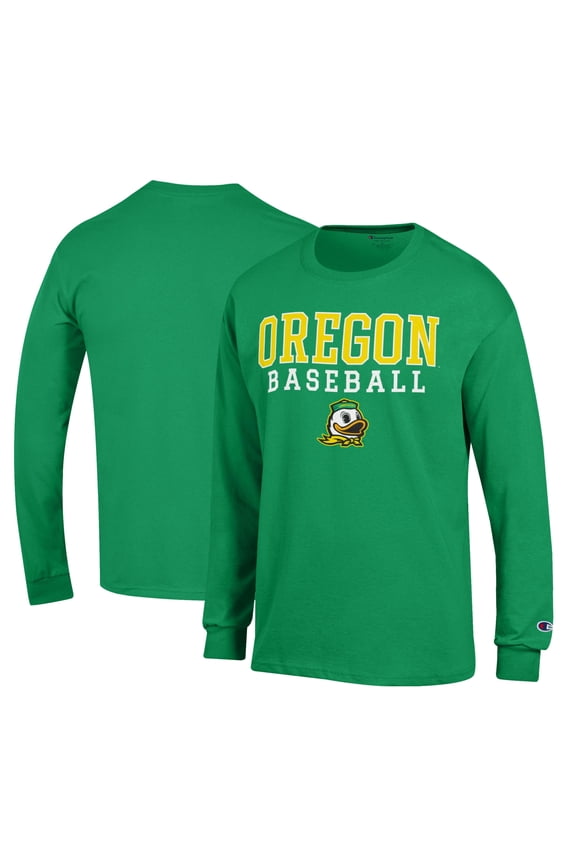 Men's Champion Green Oregon Ducks Primary Team Logo Stack Logo Baseball Powerblend Long Sleeve T-Shirt