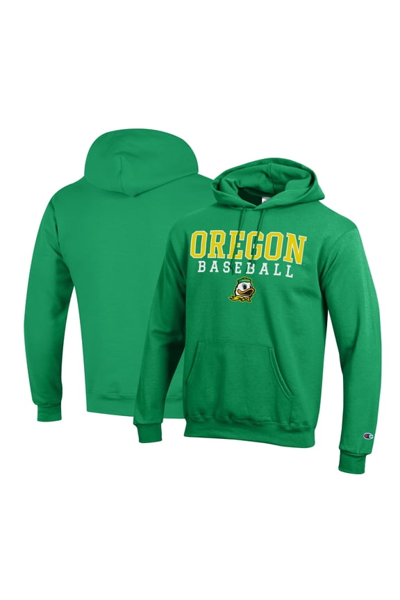 Men's Champion Green Oregon Ducks Primary Team Logo Stack Logo Baseball Powerblend Pullover Hoodie