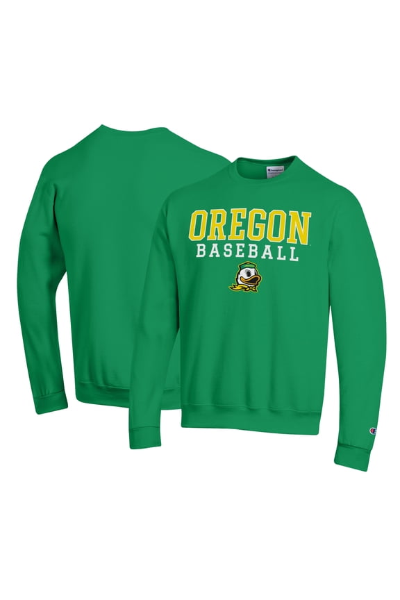 Men's Champion Green Oregon Ducks Primary Team Logo Stack Logo Baseball Powerblend Pullover Sweatshirt