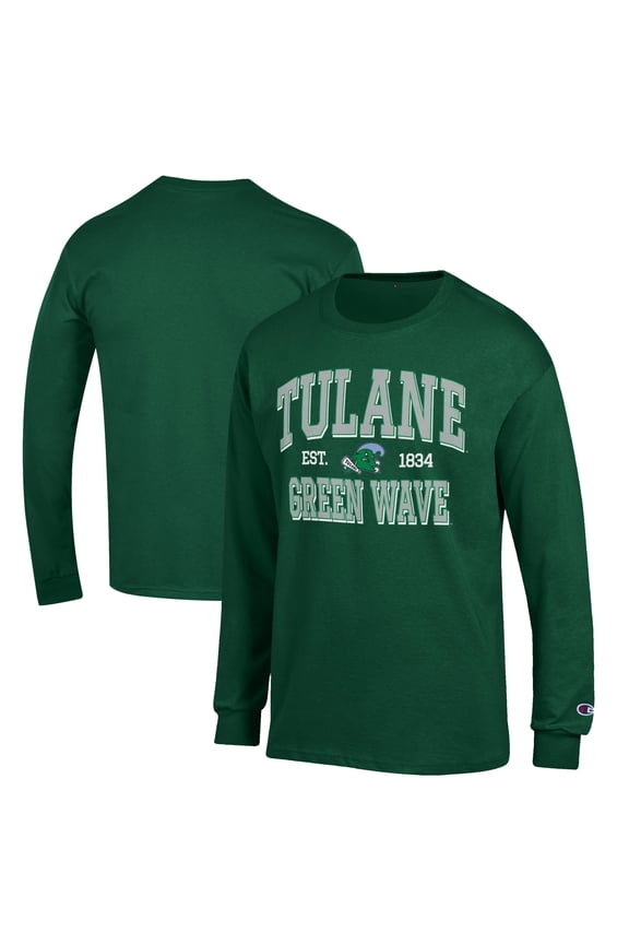 Men's Champion Green Tulane Green Wave Jersey Est. Date Long Sleeve T-Shirt
