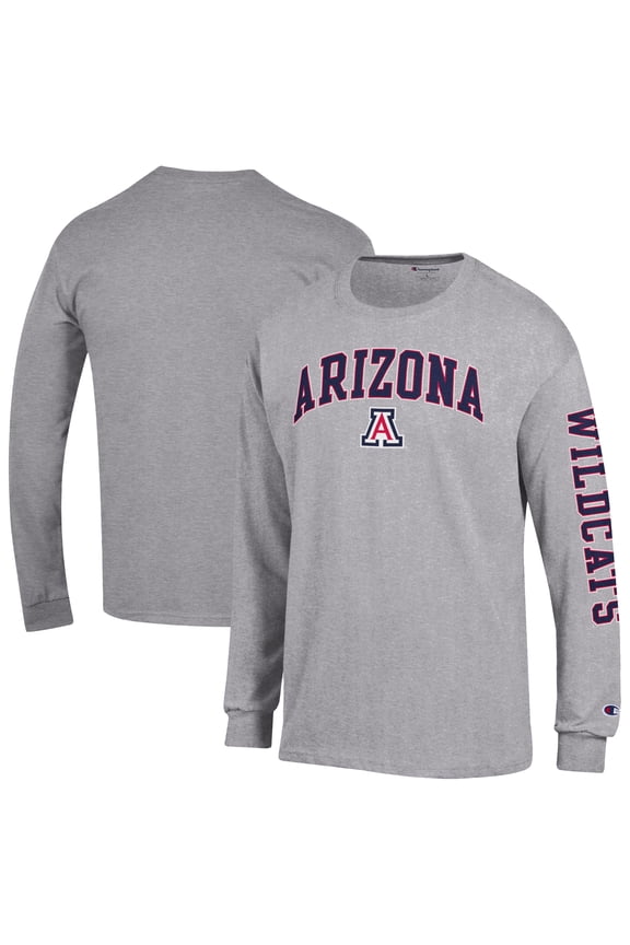 Men's Champion  Heather Gray Arizona Wildcats Arch Over Logo 2-Hit Long Sleeve T-Shirt
