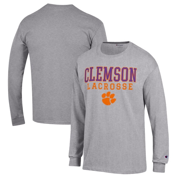 Men's Champion Heather Gray Clemson Tigers Stack Logo Lacrosse Powerblend Long Sleeve T-Shirt