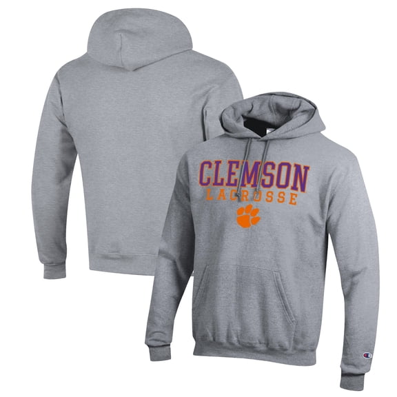 Men's Champion Heather Gray Clemson Tigers Stack Logo Lacrosse Powerblend Pullover Hoodie