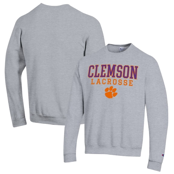 Men's Champion Heather Gray Clemson Tigers Stack Logo Lacrosse Powerblend Pullover Sweatshirt