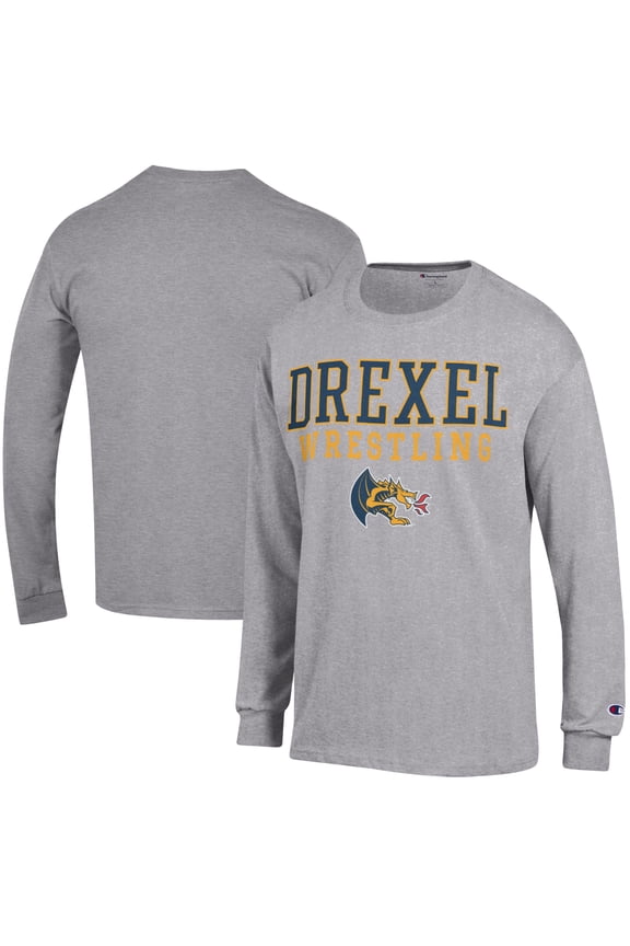 Men's Champion Heather Gray Drexel Dragons Wrestling Stacked Logo Long Sleeve T-Shirt