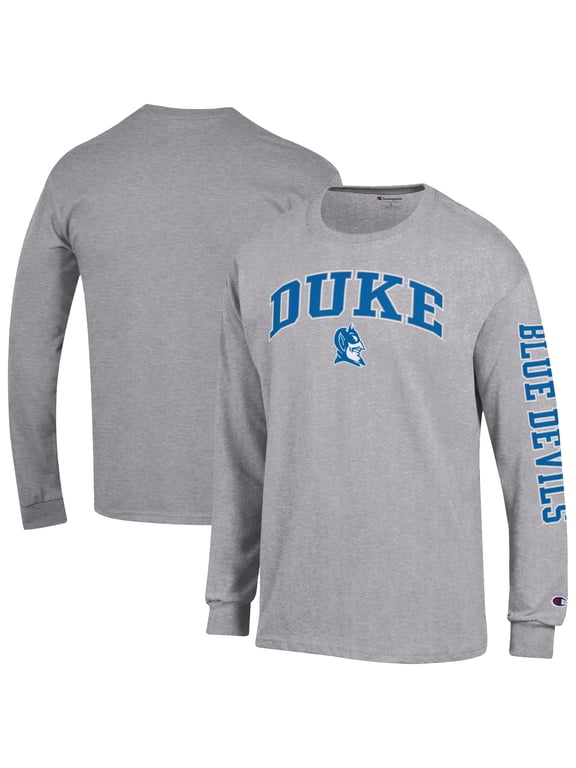 Men's Champion Heather Gray Duke Blue Devils Arch Over Logo 2-Hit Long Sleeve T-Shirt