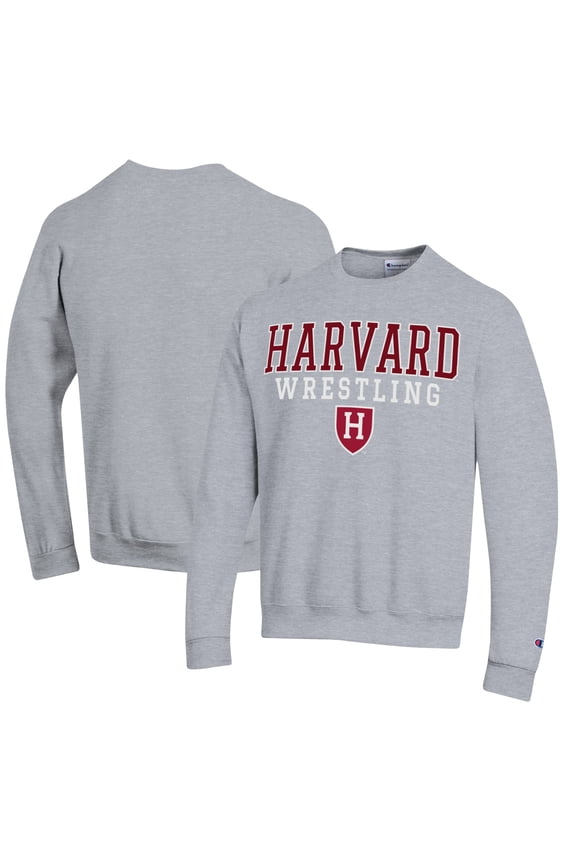 Men's Champion Heather Gray Harvard Crimson Wrestling Stack Logo Powerblend Pullover Sweatshirt