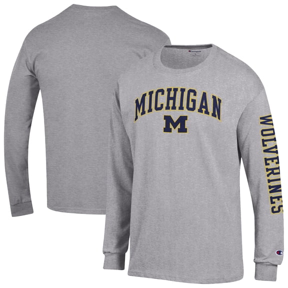 Men's Champion  Heather Gray Michigan Wolverines Arch Over Logo 2-Hit Long Sleeve T-Shirt
