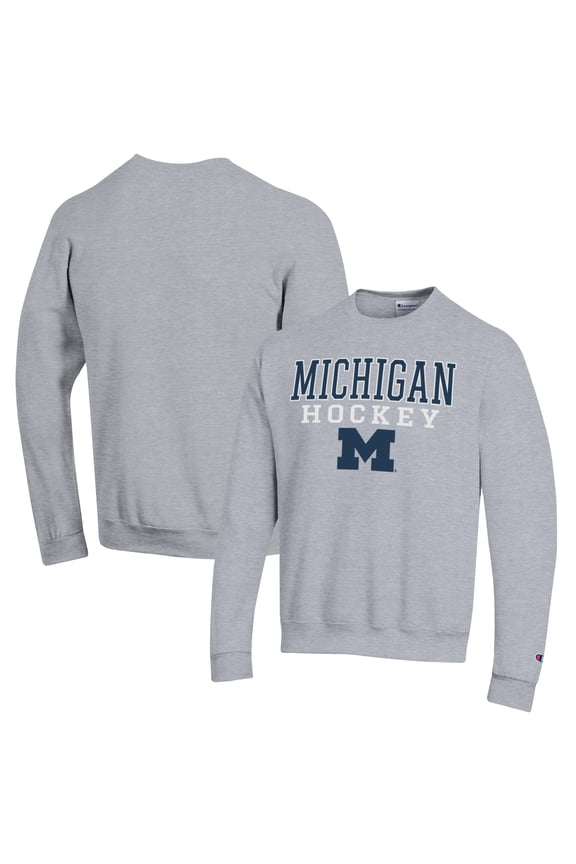 Men's Champion Heather Gray Michigan Wolverines Stack Logo Hockey Powerblend Pullover Sweatshirt