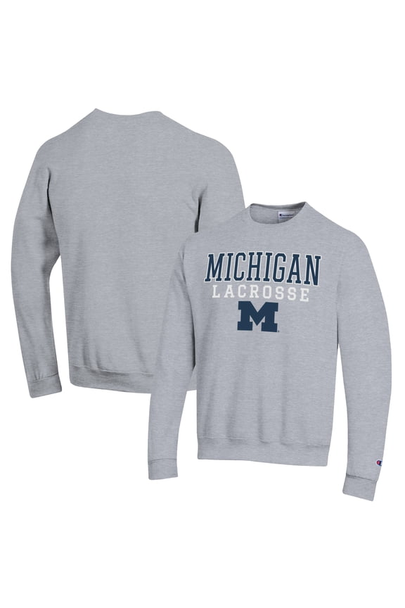 Men's Champion Heather Gray Michigan Wolverines Stack Logo Lacrosse Powerblend Pullover Sweatshirt