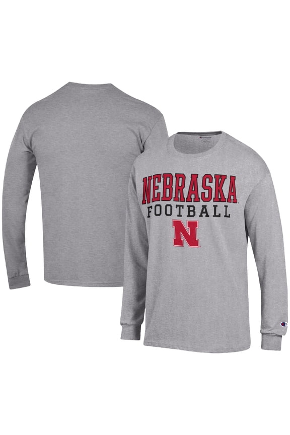 Men's Champion Heather Gray Nebraska Huskers Football Stack Long Sleeve T-Shirt