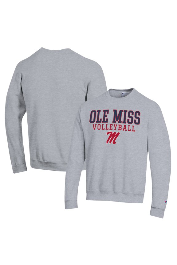 Men's Champion Heather Gray Ole Miss Rebels Stack Logo Volleyball Powerblend Pullover Sweatshirt