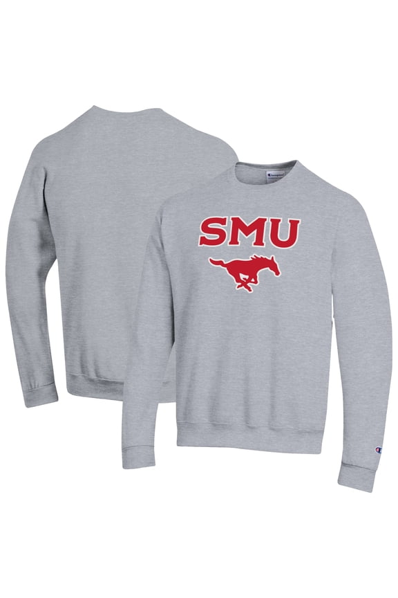 Men's-Champion Heather Gray SMU Mustangs Arch Over Logo Pullover Sweatshirt
