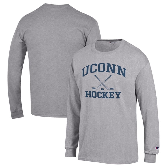 Men's Champion Heather Gray UConn Huskies Hockey Icon Powerblend Long Sleeve T-Shirt