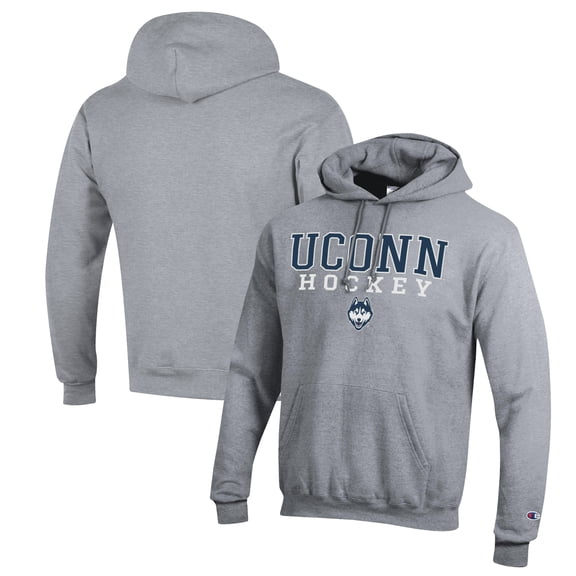Men's Champion Heather Gray UConn Huskies Stack Logo Hockey Powerblend Pullover Hoodie