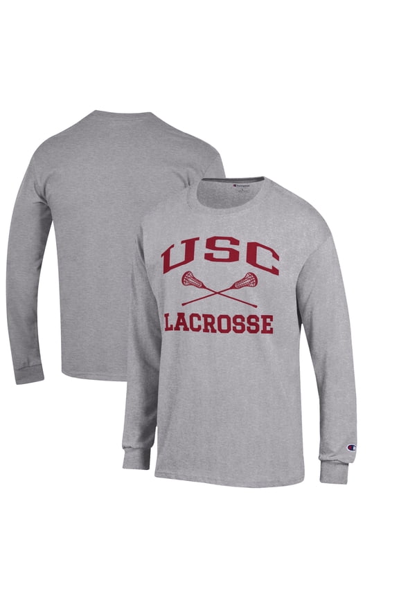 Men's Champion Heather Gray USC Trojans Lacrosse Icon Powerblend Long Sleeve T-Shirt