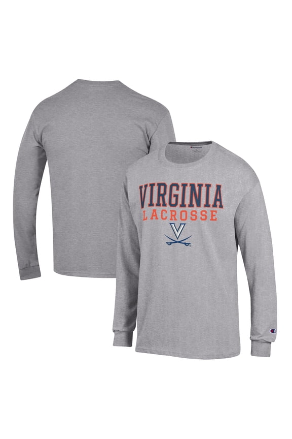 Men's Champion Heather Gray Virginia Cavaliers Stack Logo Lacrosse Powerblend Long Sleeve T-Shirt